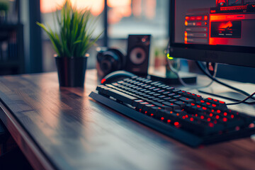 A business-themed desktop captured in high definition, emphasizing a modern keyboard, a wireless mouse, and a small green plant, creating a conducive work environment. - obrazy, fototapety, plakaty
