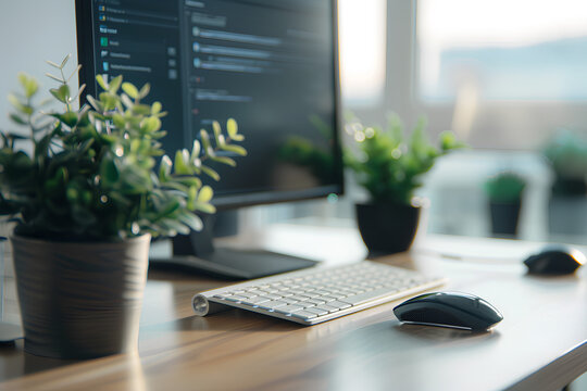 A business-themed desktop captured in high definition, emphasizing a modern keyboard, a wireless mouse, and a small green plant, creating a conducive work environment.