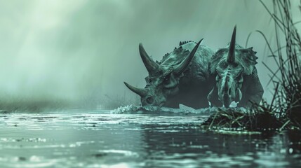 Two triceratops wading through murky floodwaters their strong horns leading the way. - obrazy, fototapety, plakaty