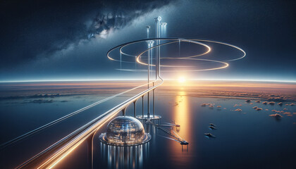 Futuristic space elevator reaching towards the stars at golden hour.