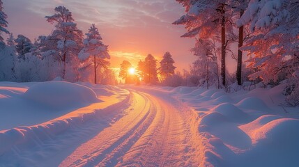 Sunset on a snow covered road in Finland Breathtaking sunset with golden and pink clouds over frozen lake in Lapland.