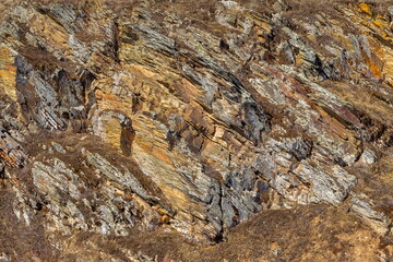 Layered rock formations close-up in spring
