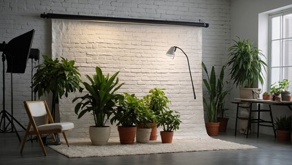 Fototapeta na wymiar a room with a brick wall and two planters