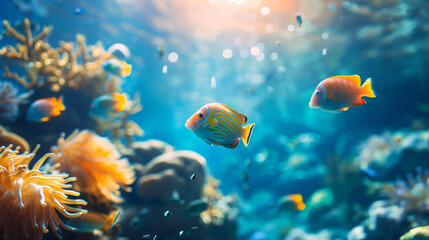 coral reef and fish on the sea live in harmony