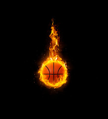 basketball, on fire on black background
