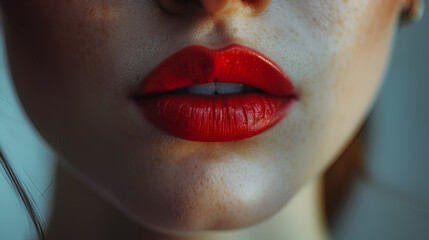 Close-Up of Woman's Red Lips with Softly Textured Skin, Beauty and Cosmetics Concept, Sensual Lip Care and Makeup, Glamorous Lipstick Shade, Female Facial Features, Generative AI

