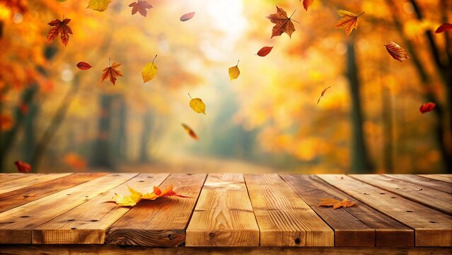 Empty wooden table with autumn background and leaves falling
