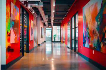 A captivating view of a modern office interior with vibrant and colorful walls, showcasing artistic paintings that infuse energy and creativity into the workspace. - obrazy, fototapety, plakaty