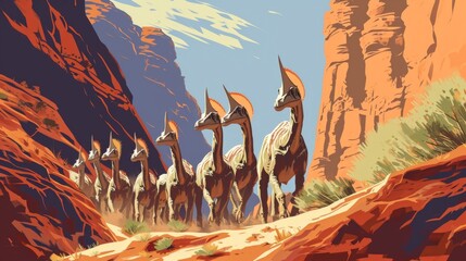 A herd of Parasaurolophus making their way through a canyon their unique crested heads bobbing up and down as they walk.