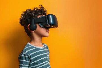 Latin American Kid Boy Wearing VR Headset, Isolated on Left. Enjoying Virtual Reality Experience on Orange Background with Studio Lighting. Horizontal Photo (3:2) with Empty Copy Space - obrazy, fototapety, plakaty