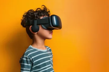 Fotobehang Latin American Kid Boy Wearing VR Headset, Isolated on Left. Enjoying Virtual Reality Experience on Orange Background with Studio Lighting. Horizontal Photo (3:2) with Empty Copy Space © Clearmind