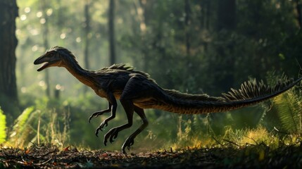 Using its long powerful tail to balance a hunting troodon uses its sharp claws and heightened sense of smell to track down prey in the dark. - obrazy, fototapety, plakaty