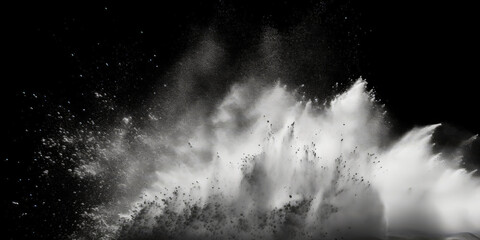 a white splash painting on black background, white powder dust paint white explosion explode burst isolated splatter abstract. white smoke or fog particles explosive special effect