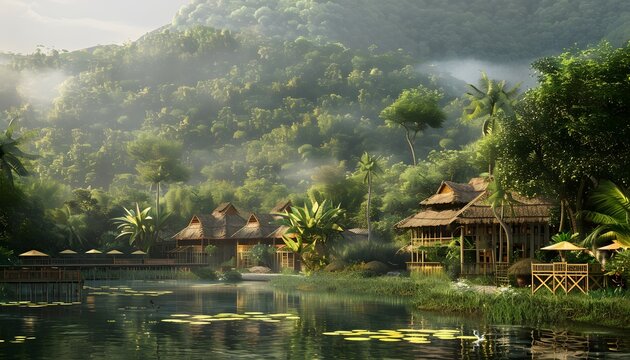 Village house by the river, with fantasy style, painting style, generated by AI