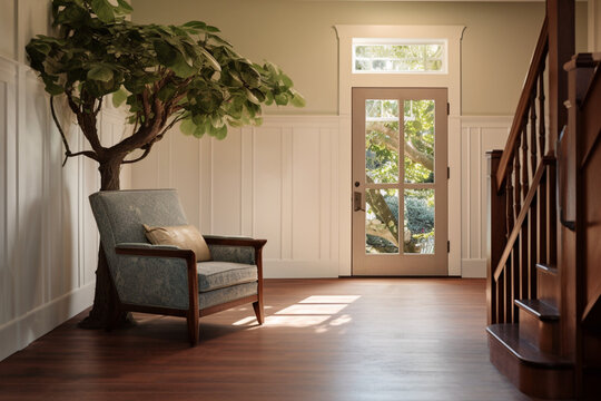 armchair and tree in house entryway