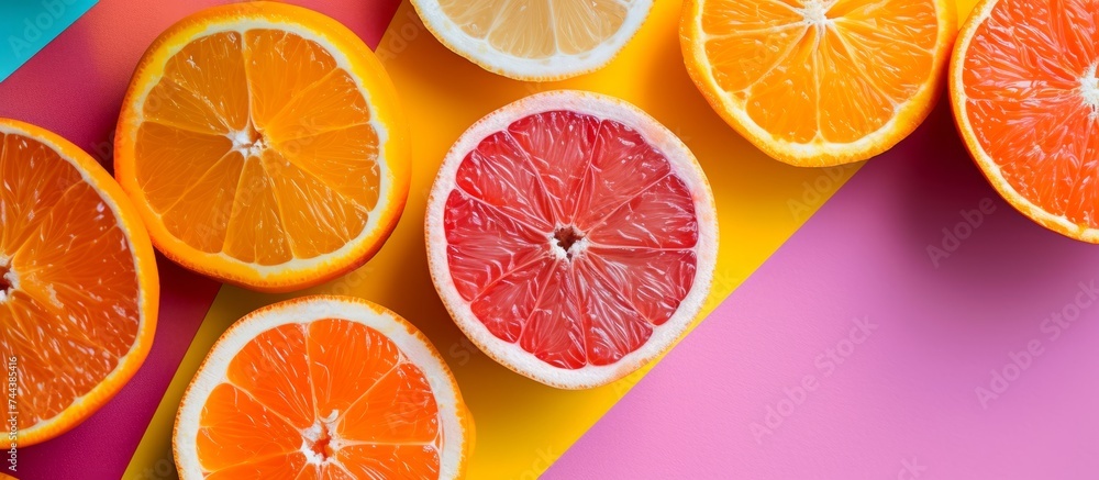 Sticker Vibrant display of fresh ripe oranges and lemons on a colorful background