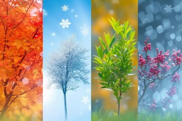 Four seasons. Different pictures representing the four seasons: Spring, summer, autumn and winter. Copy space. generative ai.