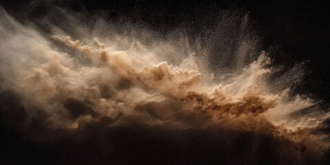 a brown splash painting on black background, brown powder dust paint ,brown explosion explode burst isolated splatter abstract. brown smoke or fog particles explosive special effect - obrazy, fototapety, plakaty