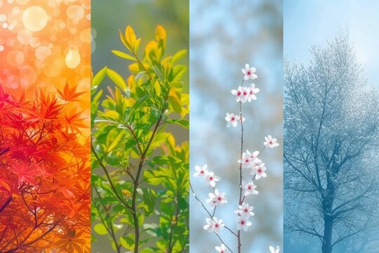 Four seasons. Different pictures representing the four seasons: Spring, summer, autumn and winter. Copy space. generative ai.