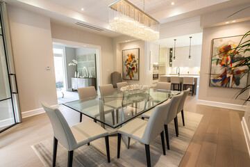 A chic dining area featuring a modern glass table, designer chairs, and an elegant chandelier, creating the perfect setting for intimate gatherings.
