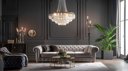 A chic interior with a stylish gray sofa placed strategically under a statement chandelier, casting a glamorous illumination across the room's tasteful decor.