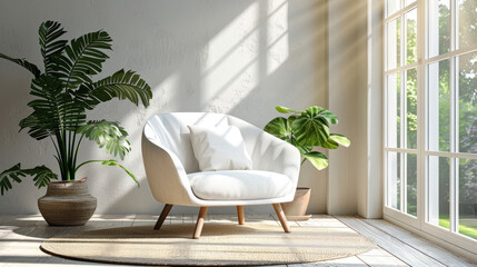 easy and comfort home lifesyle simple and minimal decorating soft comfort pillow armchair with daylight from window home interior design concept background - obrazy, fototapety, plakaty