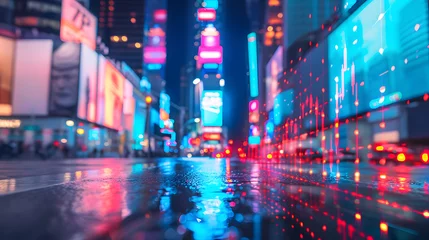 Foto op Plexiglas 光り輝く夜の都市と株式市場のシンボル、活気あふれるビジネスシーン © IKUYO_S
