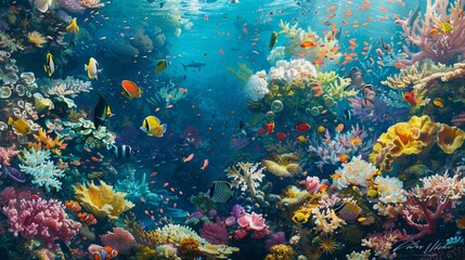 Fototapeta na wymiar A vibrant coral reef teeming with colorful fish and marine life, set against a backdrop of crystal-clear tropical waters.