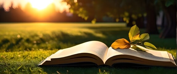 Close up of opened book on green spring grass of garden under bright sun. Learning, reading, literature, education concept. Photorealistic. International Day of Education 24 January 