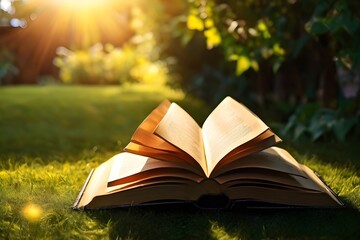 Close up of opened book on green spring grass of garden under bright sun. Learning, reading, literature, education concept. Photorealistic. World Poetry Day 21 March. 