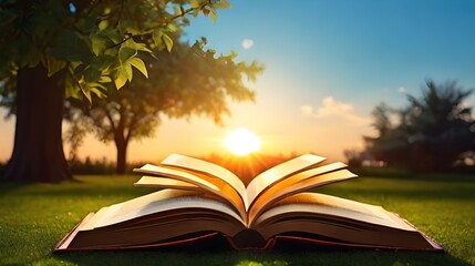 Close up of opened book on green spring grass of garden under bright sun. Learning, reading, literature, education concept. Photorealistic. International Day of Education 24 January 