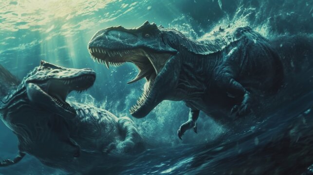 In the depths of the ocean a Dakosaurus fights tooth and claw with a powerful Elasmosaurus both vying for dominance in this prehistoric world.