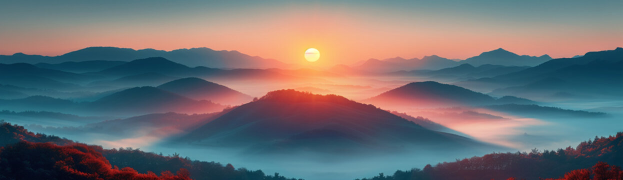 Sunset in the mountain.Majestic sunset in the mountains landscape. Mountains under mist in the morning Amazing nature scenery form Kerala God's own Country Tourism and travel concept image, Fresh.Ai