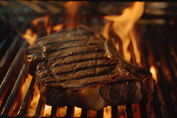 Beef steak on the grill with flame fire