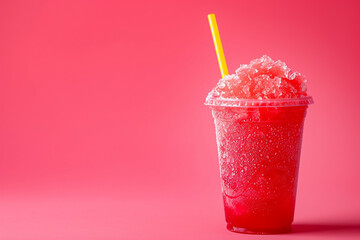 Red slushy frozen granita strawberry drink isolated on pink red background