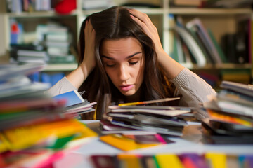 Frustrated woman with a stack of unpaid bills. Bankruptcy, financial problems, credit card debt