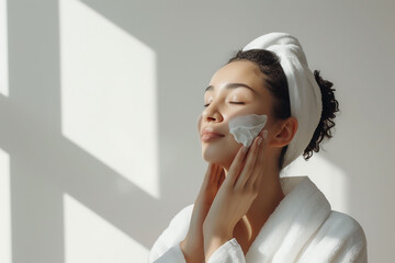 Beautiful African American model applying cosmetic cream on her face