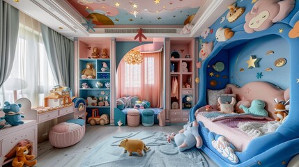 A whimsical children's bedroom decorated with pink and blue accents, filled with toys and laughter, creating a playful and imaginative space.