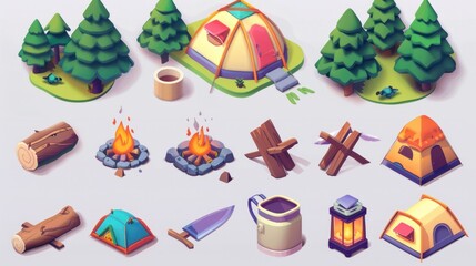 collection of icons representing the quintessential elements of summer camping