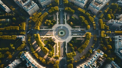 Fototapeta premium Aerial view of cityscape intersection, modern urban planning. bird's eye symmetry in metropolitan design. urban photography, travel destination concept. AI