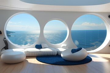 A chic, ultramodern living room with Italian round furniture, round windows, and ultramarine round pillows, perfectly complemented by a stunning ocean backdrop.