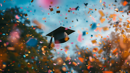Graduation Cap Floating in the Sky with Confetti, Flying Mortarboard Celebrating Academic Success and Achievement, Education Concept, Generative AI

