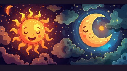A whimsical vector illustration featuring adorable sun and moon characters with big smiles