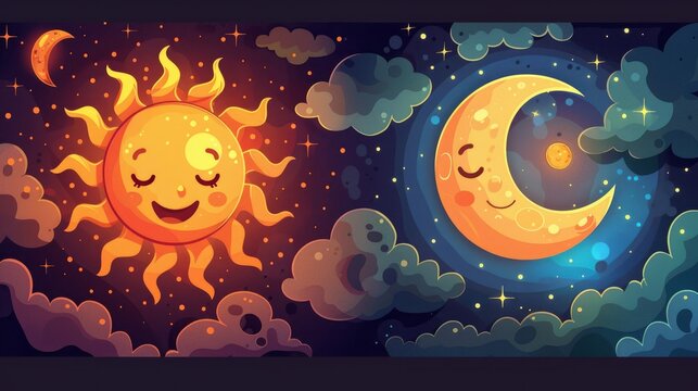 A whimsical vector illustration featuring adorable sun and moon characters with big smiles