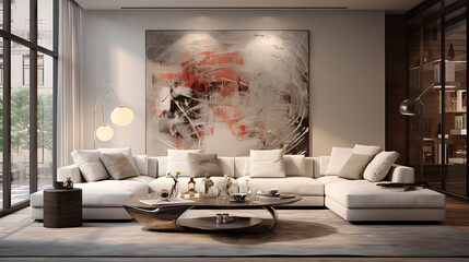 A chic urban living room with a sleek and inviting sofa, adorned with contemporary art and warm lighting