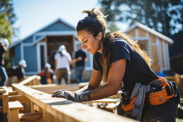 Dedicated Female Carpenter Working on Construction Site Outdoors
