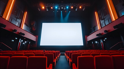 Empty Cinema Auditorium with Mockup White Blank Screen, Movie Theater Interior with No Audience, Entertainment Industry Concept, Cinema Hall with Copyspace, Generative AI

 - obrazy, fototapety, plakaty