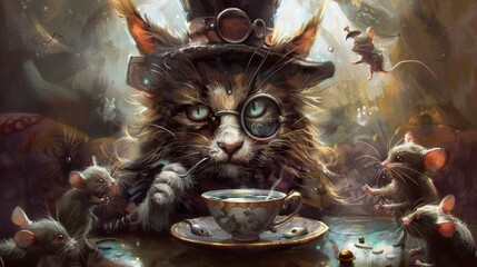 An amusing portrait of a cat wearing a monocle and top hat, sipping tea with a bemused expression as mice dance around it.