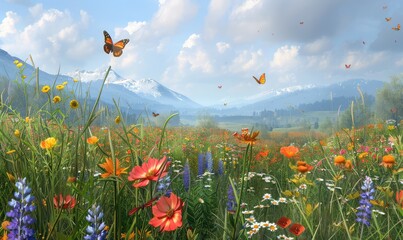 Wildflower Meadow Immerse yourself in a riot of color as wildflowers blanket a sun-drenched meadow in a vibrant tapestry of hues. Butterflies flit from flower to flower, adding to the natural splendor