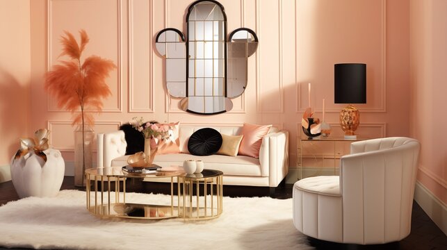 Art Deco-inspired Lounge with Soft Peach Walls and Glamorous Sophistication Create an Art Deco-inspired lounge with soft peach walls